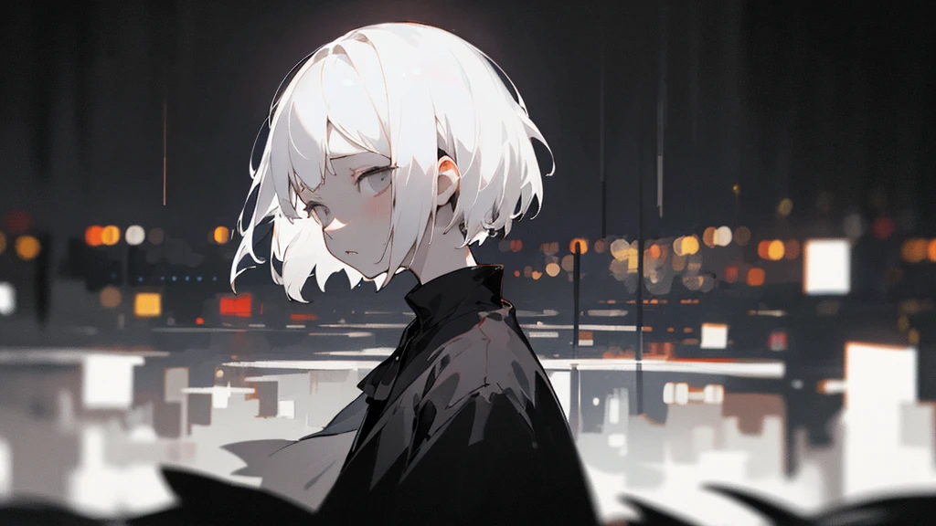 (masterpiece、highest quality)、Short nape hair、1 girl with very short white hair、Black cardigan、Grim expression、Grey Eyes、Warm lighting、 Blurred foreground、Deep in the night、High Contrast、night、In the city,it's snowing,Heavy snowfall,winter,Alone in the vast snowy field,whole body,curse,Facing forward,Huge construction