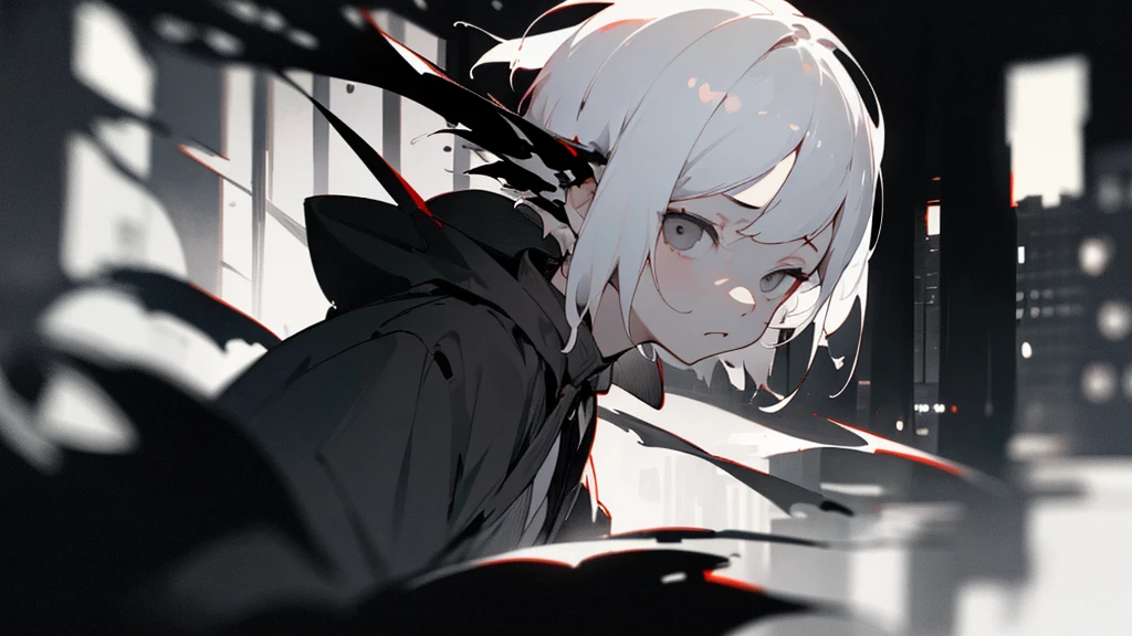 (masterpiece、highest quality)、Short nape hair、1 girl with very short white hair、Black cardigan、Grim expression、Grey Eyes、Warm lighting、 Blurred foreground、Deep in the night、High Contrast、night、In the city,it's snowing,Heavy snowfall,winter,Alone in the vast snowy field,whole body,curse,Facing forward,Huge construction