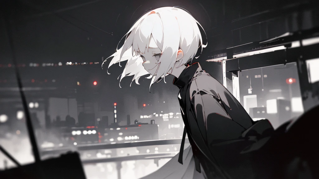 (masterpiece、highest quality)、Short nape hair、1 girl with very short white hair、Black cardigan、Grim expression、Grey Eyes、Warm lighting、 Blurred foreground、Deep in the night、High Contrast、night、In the city,it&#39;s snowing,Heavy snowfall,winter,Alone in the vast snowy field,whole body,curse,Facing forward,Huge construction