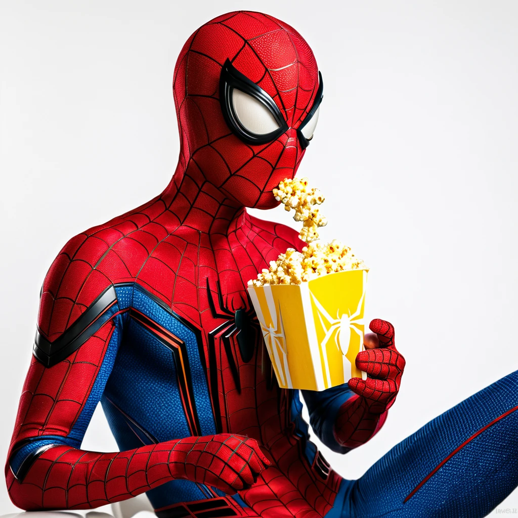 (best quality,ultra-detailed,realistic),Spiderman eating popcorn,white infinite background,vibrant lighting,advertising pose,completely detailed suit,popcorn crumbs on Spiderman's face,spider web details,sharp focus,professional composition,vivid colors,studio lighting