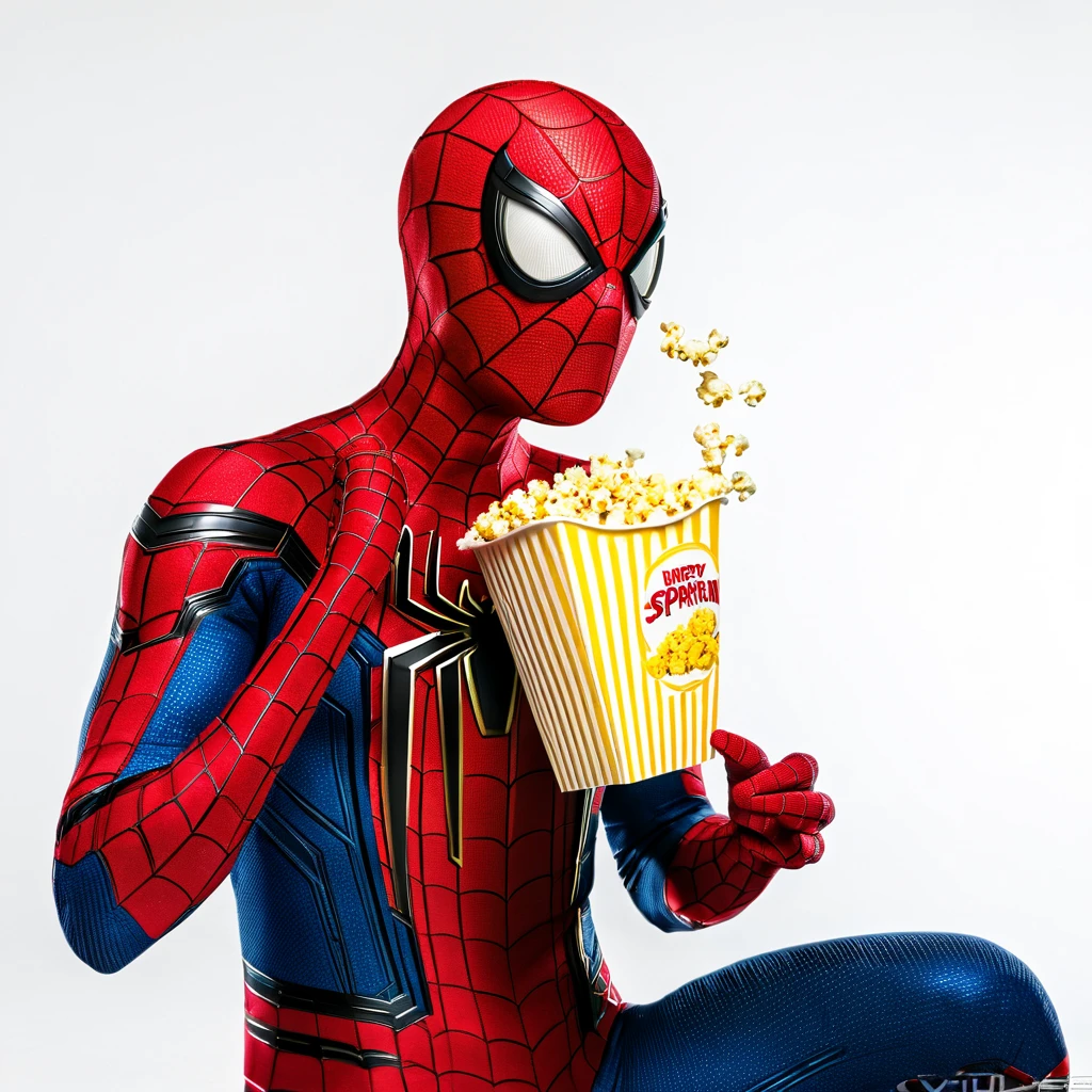 (best quality,ultra-detailed,realistic),Spiderman eating popcorn,white infinite background,vibrant lighting,advertising pose,completely detailed suit,popcorn crumbs on Spiderman's face,spider web details,sharp focus,professional composition,vivid colors,studio lighting