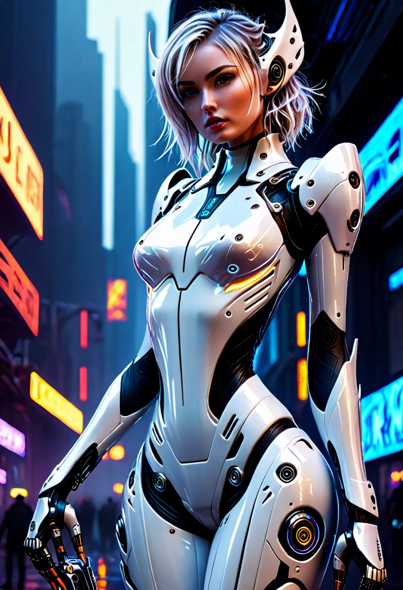 High Detail RAW color Photo,hyperrealistic,digital painting,wide shot,Full Shot,(lens flare:0.5), (bloom:0.5), portrait,(highly detailed, fine details, intricate), incredibly absurdres,(luxurious cyberpunk:1.4,Dystopian,sci-fi), concept art,ornate, from side,looking to the side,
1girl,Lucy \(cyberpunk\),European_Girls,(cute female arterial intelligence,robot, cyborg:1.5),(robotic parts,augmentations,mechanical arms, mechanical legs,silver halmet), (cybernetic implants:1.4,microchip,metal,electric wires,cable,silicone),grey eyes,asymmetrical hair, standing,(holding_weapon,battle_rifle,handgun),belt,(wearing shiny tight soft light suit,see-through white chemise), open jacket,detached sleeves,hip vent,metallic bone exposed,toned physique,slender,medium breasts exposure,breasts out,large ass, (pale skin),(detailed skin, diffused skin pores),HQ, angelic, decorations, embellishments,hard edge,
breathtaking,outdoors, ((in surreal planet Raphael Lacoste)),night, (electricity, bright neon colors,sprawling cyberpunk city skyline), turbulent storm, rain,smog,tendrils, spirals, dust,(((flying ships))), (badlands, observitory)