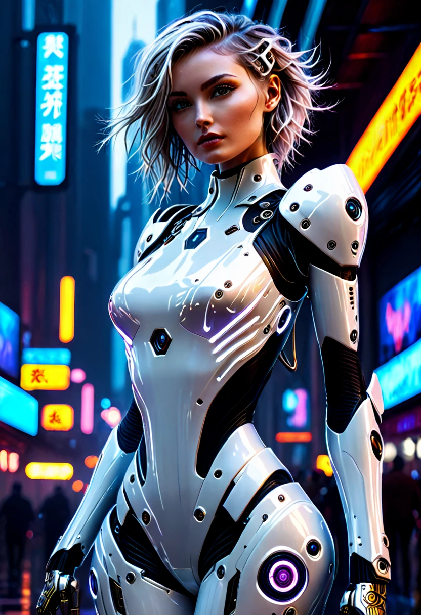 High Detail RAW color Photo,hyperrealistic,digital painting,wide shot,Full Shot,(lens flare:0.5), (bloom:0.5), portrait,(highly detailed, fine details, intricate), incredibly absurdres,(luxurious  cyberpunk:1.4,Dystopian,sci-fi),  concept art,ornate, from side,looking to the side,
1girl,Lucy \(cyberpunk\),European_Girls,(cute female arterial intelligence,robot, cyborg:1.5),(robotic parts,augmentations,mechanical arms, mechanical legs,silver halmet), (cybernetic implants:1.4,microchip,metal,electric wires,cable,silicone),grey eyes,asymmetrical hair, standing,(holding_weapon,battle_rifle,handgun),belt,(wearing shiny tight soft light suit,see-through white chemise), open jacket,detached sleeves,hip vent,metallic bone exposed,toned physique,slender,medium breasts exposure,breasts out,large ass, (pale skin),(detailed skin, diffused skin pores),HQ, angelic, decorations, embellishments,hard edge,
breathtaking,outdoors, ((in surreal planet Raphael Lacoste)),night, (electricity, bright neon colors,sprawling cyberpunk city skyline), turbulent storm, rain,smog,tendrils, spirals,  dust,(((flying ships))), (badlands, observitory)
