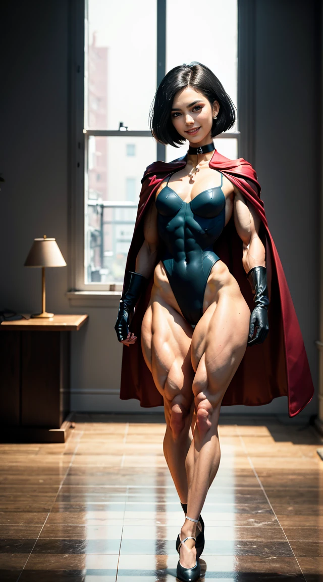(Muscular:2.7), (thick thighs:2.7),
(female, green eyes, pale skin, jet black hair:1.5), adult, (bob cut:1.5),
(big smile:1.8), detailed eyes, clean skin, low key (DETAILED SKIN),
(small ),
(earrings, eyeshadow, lipstick),
(leotard, small cape, gloves, skirt, abs window, bare legs, choker:2), 
(upper body view:2.2), (three quarter view:1.5), (looking at viewer), 
dark bedroom, rim lighting, two tone lighting, dimly lit, bokeh