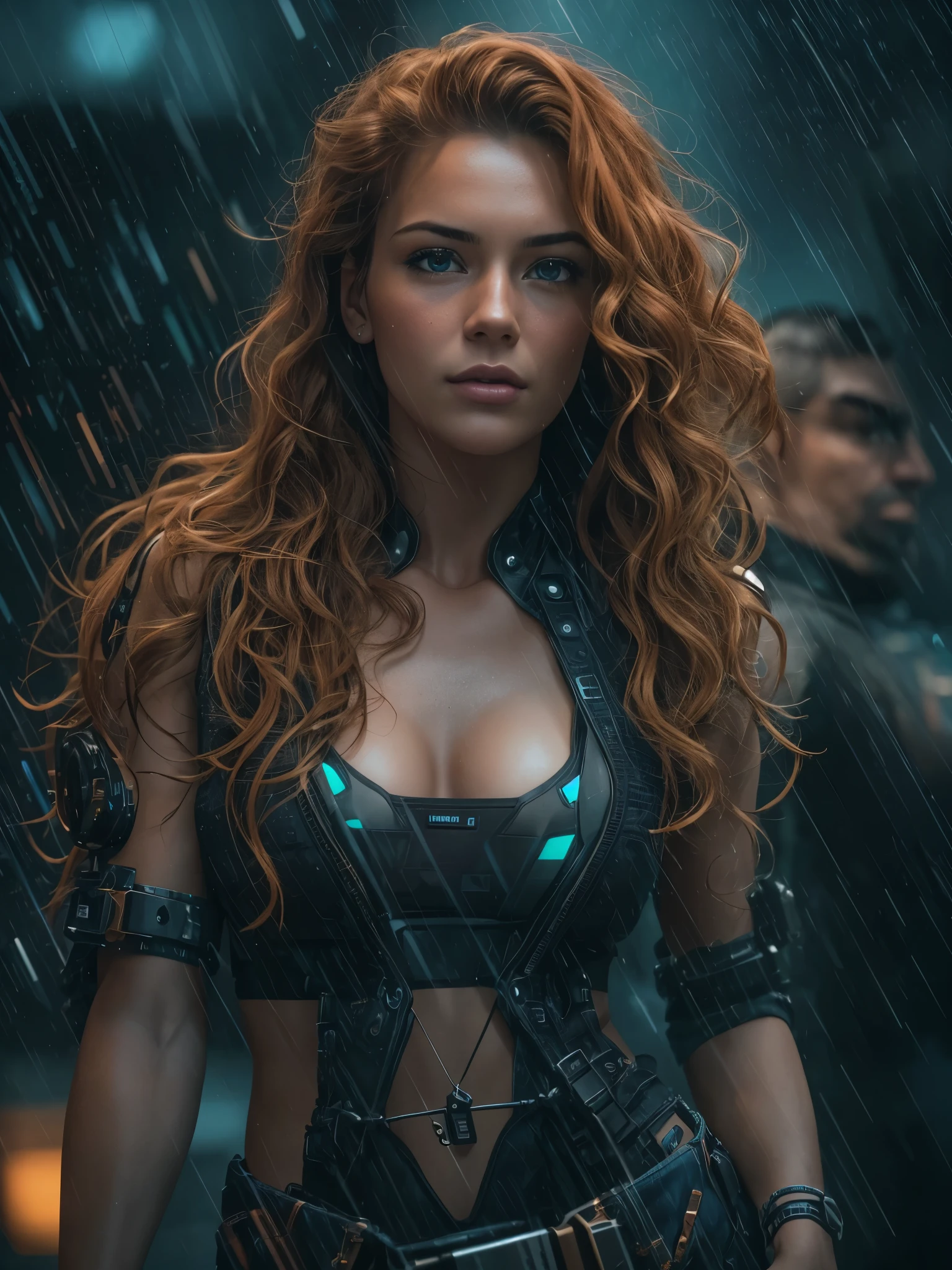 Full face portrait photo of a 25-year-old European girl, RAW, beautiful woman, beautiful lips:5, dimples, wistful look, (extra-long wavy red-blond hair), ((detailed face)), ((detailed facial features)), (finely detailed skin), tanned skin, (deep neckline detailed high-tech cyberpunk dress), cyberpunk megacity environment, (cool colors), damp, reflections, (masterpiece) (perfect proportion)(realistic photo)(best quality) (detailed) shot on a Canon EOS R5, 50mm lens, F/2.8, HDR, (8k) (wallpaper) (cinematic lighting) (dramatic lighting) (sharp focus) (intricate), RAW photo, RAW photo, gigachad photo, posing for camera, black jeans, back arms, 8k uhd, dslr, high quality, grain film, Fujifilm XT3, film stock photography 4 kodak portra 400 camera f1.6 lens rich colors hyper realistic texture dramatic lighting unrealengine trend in artstation cinestill 800 tungsten, toughboy style, ultra focus face, intimidating, in fighting position, short messy hair, muscular, bursting veins, beaded