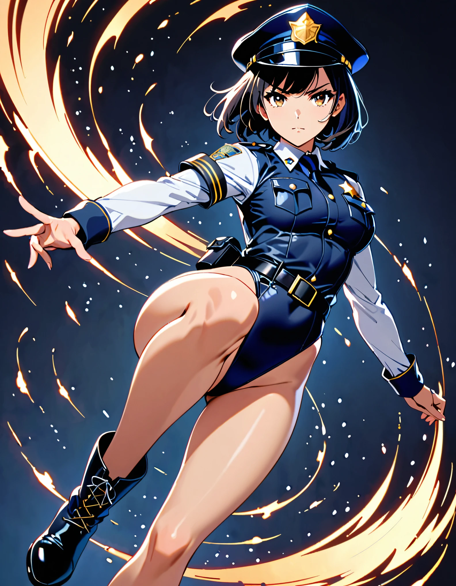 (masterpiece), (best quality), (high res),1girl, tall body, ((short hair, bob hair, jet black hair)), (hazel eyes) beautiful detailed eyes, beautiful detailed face, cute face, perfect hands, complete fingers, perfect anatomy, perfect proportions, ((hat, black police hat)), ((leotard, matching leotard, bare legs)), ((boots, matching boots)), breasts, medium breasts, fingerless gloves, (full body portrait), looking at viewer, solo, solo focus, police uniform, cowboy shot, (belt, tight belt), (armbands, white sleeves), serious, crossed arms, full body costume design. ahoge, she spins at an incredible speed, creating a whirlwind of air around her, spins fast in place like a tornado.