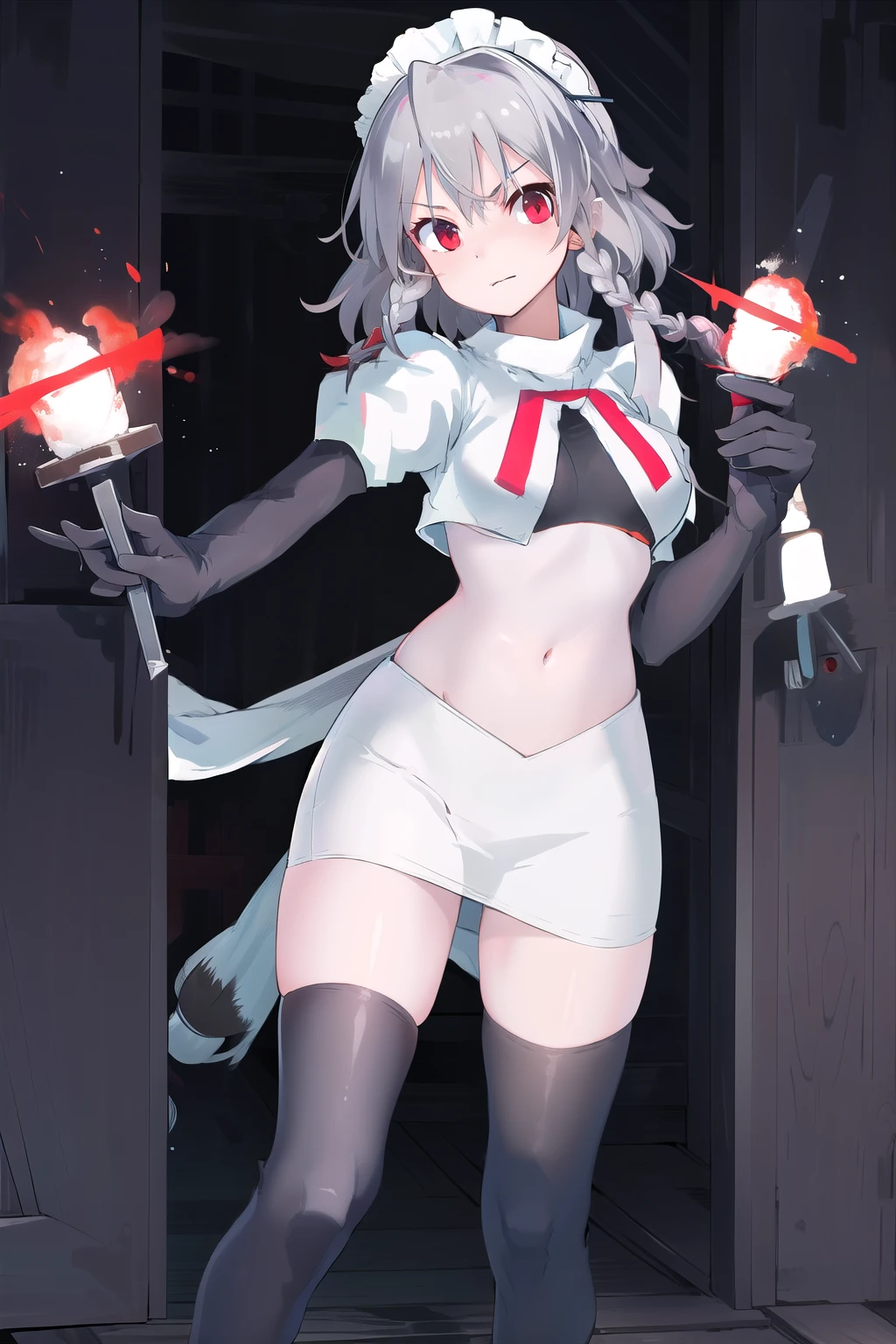 masterpiece, best quality, highres,  1girl, solo, sakuya1, izayoi sakuya, maid headdress, red eyes, grey hair, medium breasts, team rocket,team rocket uniform,white skirt,red letter R,crop top,black thigh-highs,black elbow gloves, holding knife