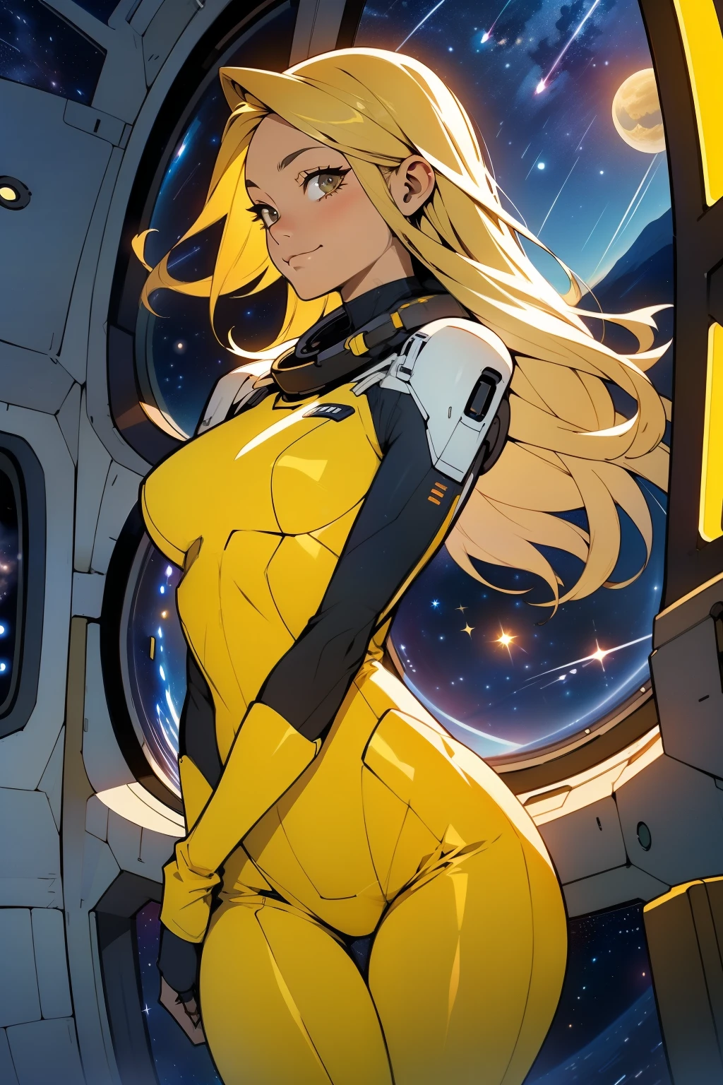 (masterpiece, best quality:1.2), (cowboy shot:1.1), solo, 1girl, mori yuki, slight smile, closed mouth, nearly frontal view, looking at viewer, blonde hair, long hair, thigh gap, yellow bodysuit, skin-tight, perfect body, large window, (starship porthole:1.3), (spread legs:1.0), (standing:1.1), thigh gap, sensual pose, sideview, perfect hands, bright starship interior, (outer space view:1.1), (orbital view:1.3), (night, stary sky:1.5), milky way