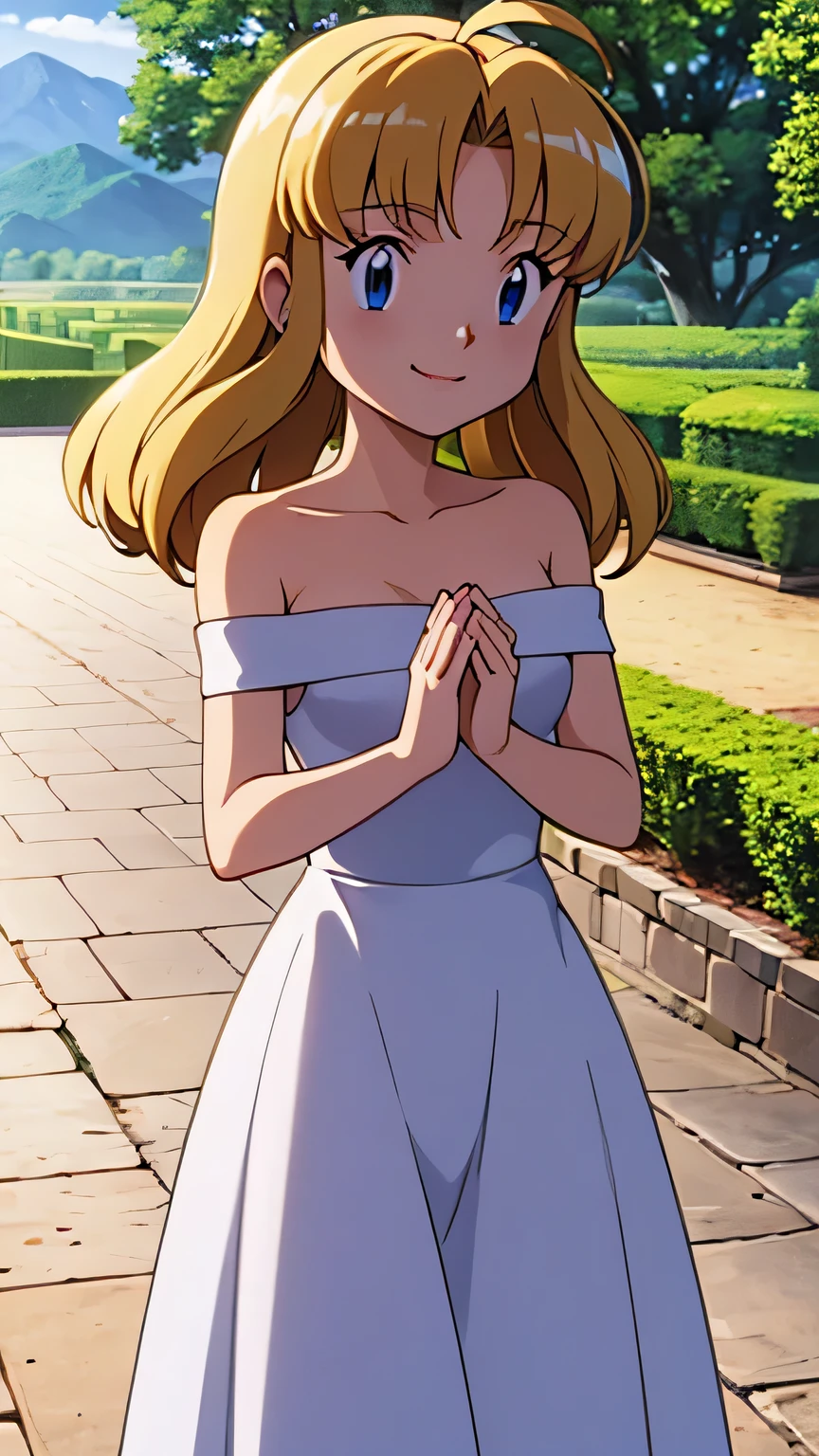 pokemovies, sugimori ken, ken sugimori ken \(style\), anime screencap, masterpiece, best quality, highres, outdoors, small breasts, 1 girl, Solo, Blue Eyes, Beautiful Detail Eyes, Blonde Medium Hair, Short Hair, Bangs, Good hands are down, Smile, Blushing, Bare Neck, Bare Shoulders, strapless, White Ruffle Off-the-Shoulder maxi dress. Standing up. Cowboy shot. A landscape of blue skies, a mountain, a mansion, an garden maze