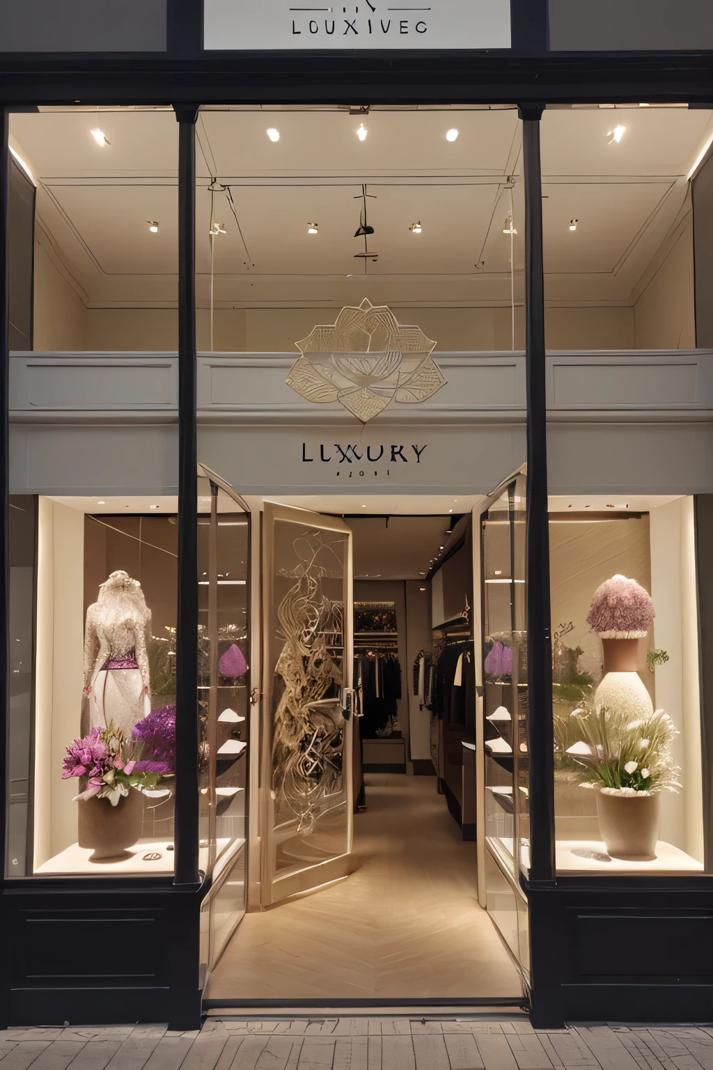 luxury clothing store, made with sustainable lotus flower fiber material, store window, clear and visible colors