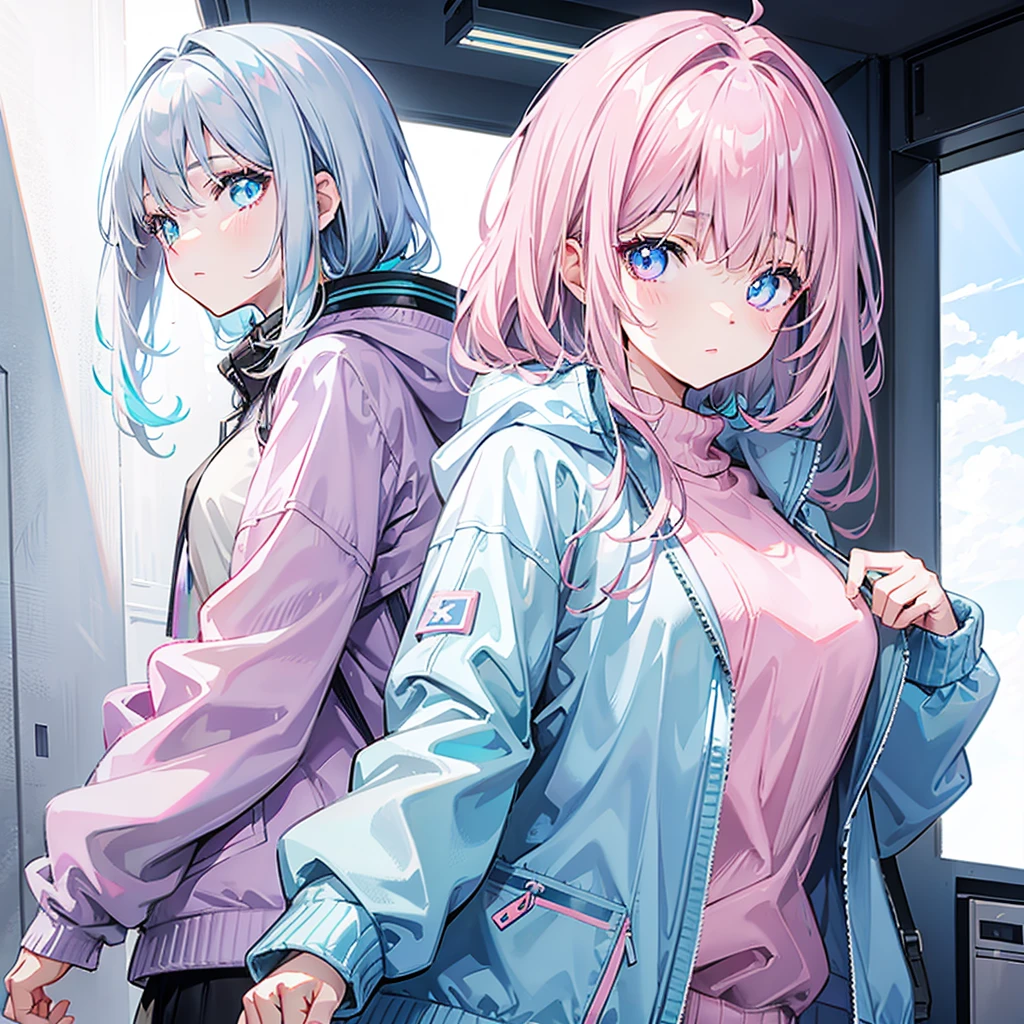 Gray-pink bangs,Blue-green pupils,Wear a silver-white jacket and pink sweater,Wearing a blue scat's a cute girl