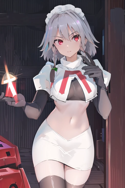 masterpiece, best quality, highres, 1girl, solo, sakuya1, izayoi sakuya, maid headdress, red eyes, grey hair, medium breasts, team rocket,team rocket uniform,white skirt,red letter R,crop top,black thigh-highs,black elbow gloves, holding knife