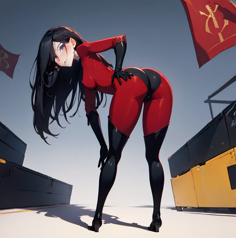 (full body),masterpiece, highest quality, One girl, Violet Par, Long Hair, Black Hair, Hair on one eye, (Red hero suit),Red bodysuit,black elbow gloves,Black Thigh Boots,Thick thighs,Squat,Spread your legs,Dynamic Angle, (From behind,Bent over, Looking Back),From below,Low - Angle,(Leaning forward:1.5),Face to endure humiliation, Simple Background