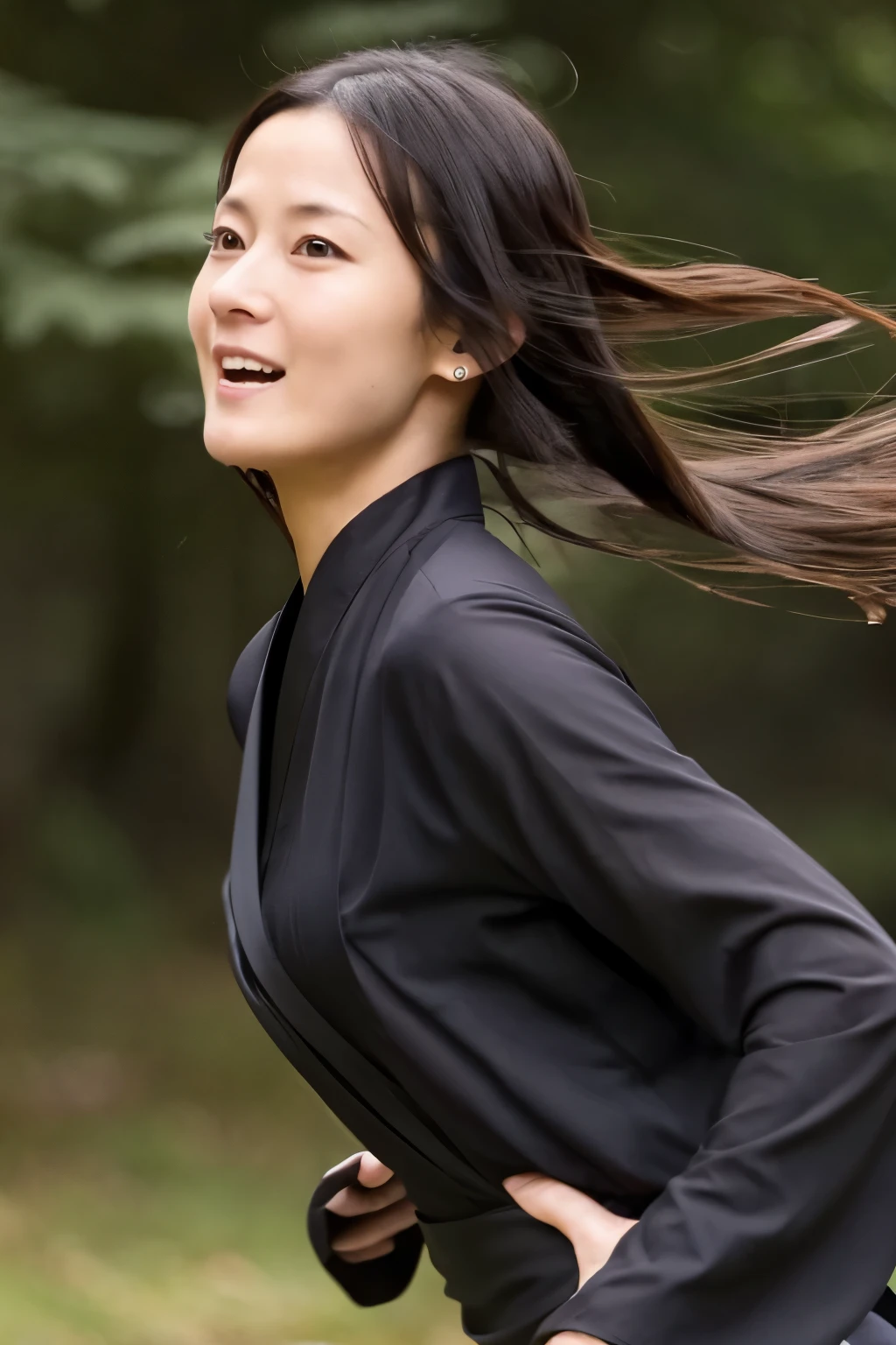 skinny Japanese woman in black Ninja kimono costume running to escape in the dark forest, beautiful face, ((detailed face, detailed eyes)), high quality, high resolution, hyperrealistic photo, a photo capturing a fighting moment, award-winning, masterpiece