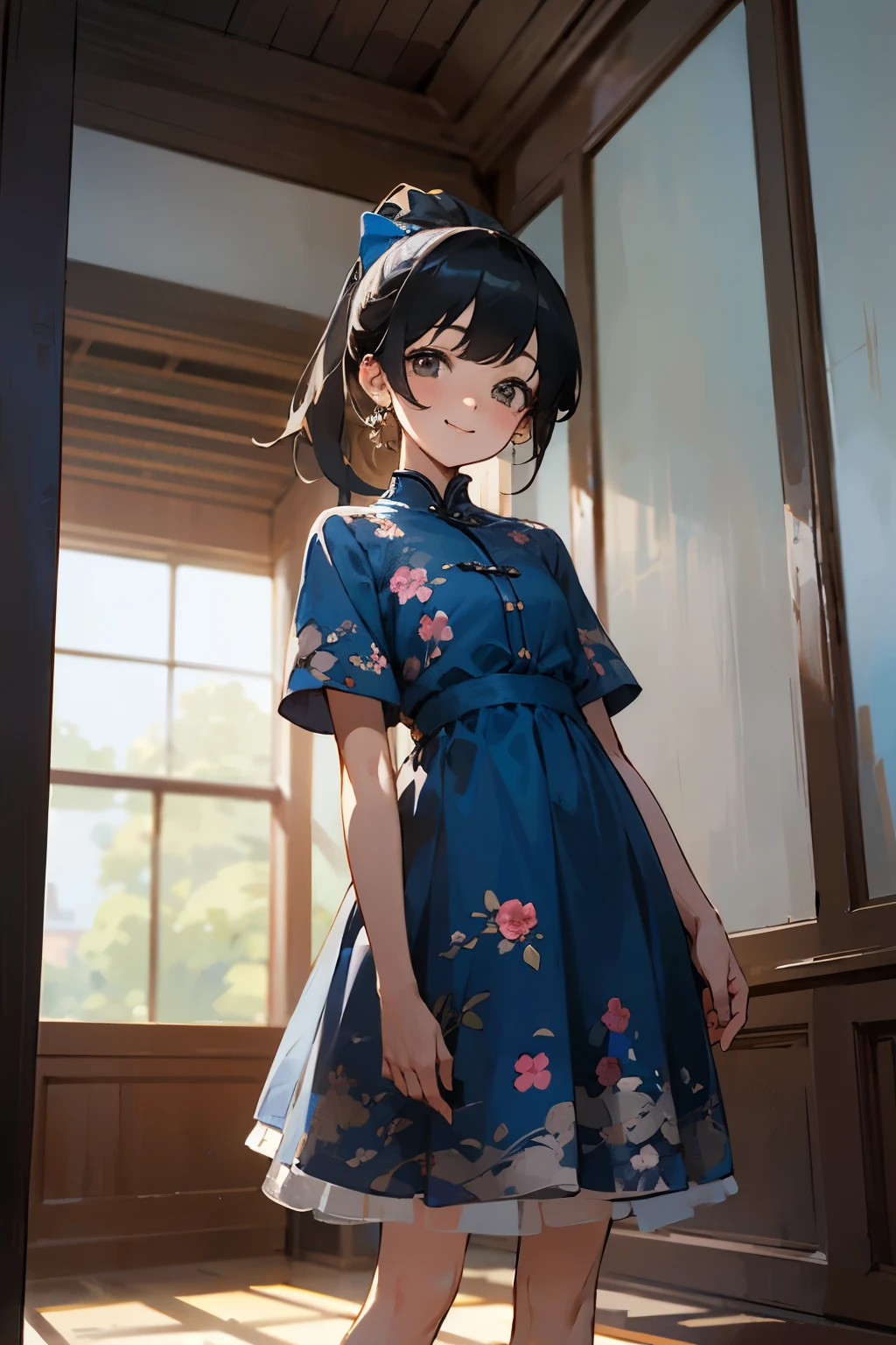 In the best quality、age girl standing in a room。In high resolution、Beautiful details、Quiet atmosphere。Black hair ponytail、Cute Smile.。Wearing a cute floral blue dress。