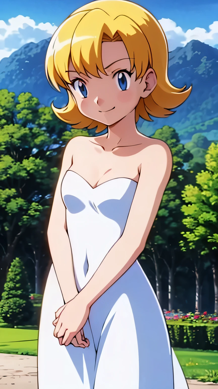 pokemovies, sugimori ken, ken sugimori ken \(style\), anime screencap, masterpiece, best quality, highres, outdoors, small breasts, 1 girl, Solo, Blue Eyes, Beautiful Detail Eyes, Blonde Medium Hair, Short Hair, Bangs, Good hands are down, Smile, Blushing, Bare Neck, Bare Shoulders, strapless, White Ruffle Off-the-Shoulder maxi dress. Standing up. Cowboy shot. A landscape of blue skies, a mountain, a mansion, an garden maze
