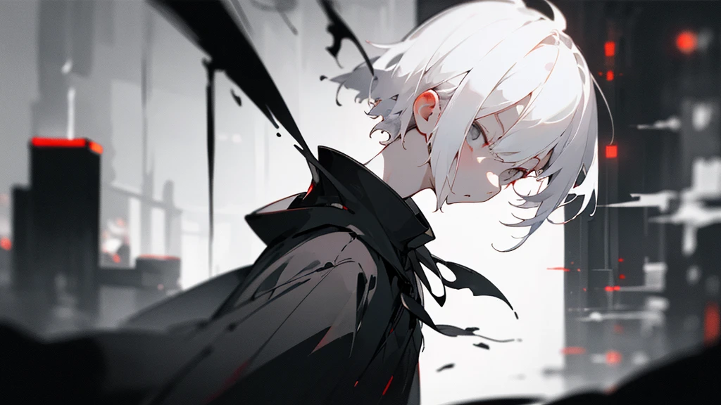 (masterpiece、highest quality)、Short nape hair、1 girl with very short white hair、Black cardigan、Grim expression、Grey Eyes、Warm lighting、 Blurred foreground、Deep in the night、High Contrast、night、In the city,it's snowing,Heavy snowfall,winter,Alone in the vast snowy field,whole body,curse,Facing forward,Huge construction,snow