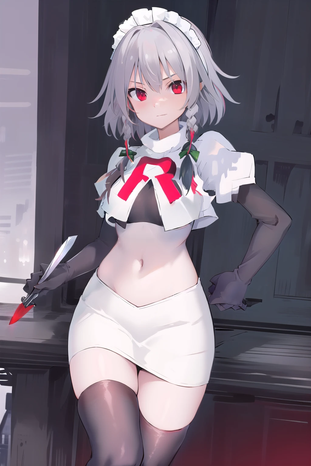 masterpiece, best quality, highres,  1girl, solo, sakuya1, izayoi sakuya, maid headdress, red eyes, grey hair, medium breasts, team rocket,team rocket uniform,white skirt,red letter R,crop top,black thigh-highs,black elbow gloves, holding knife