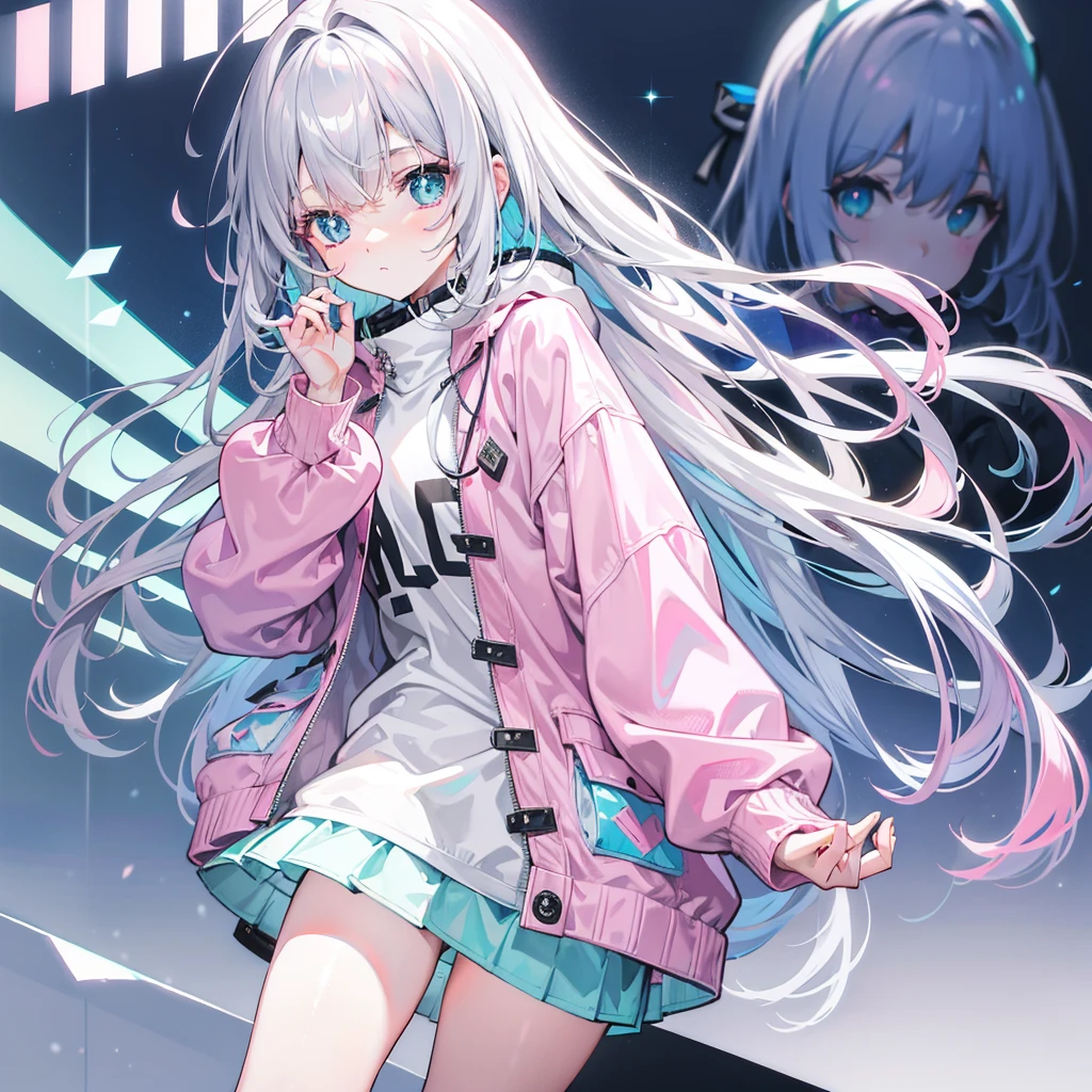 Gray-pink bangs，Blue-green pupils，Wear a silver-white jacket and pink sweater，Wearing a blue scat's a cute girl