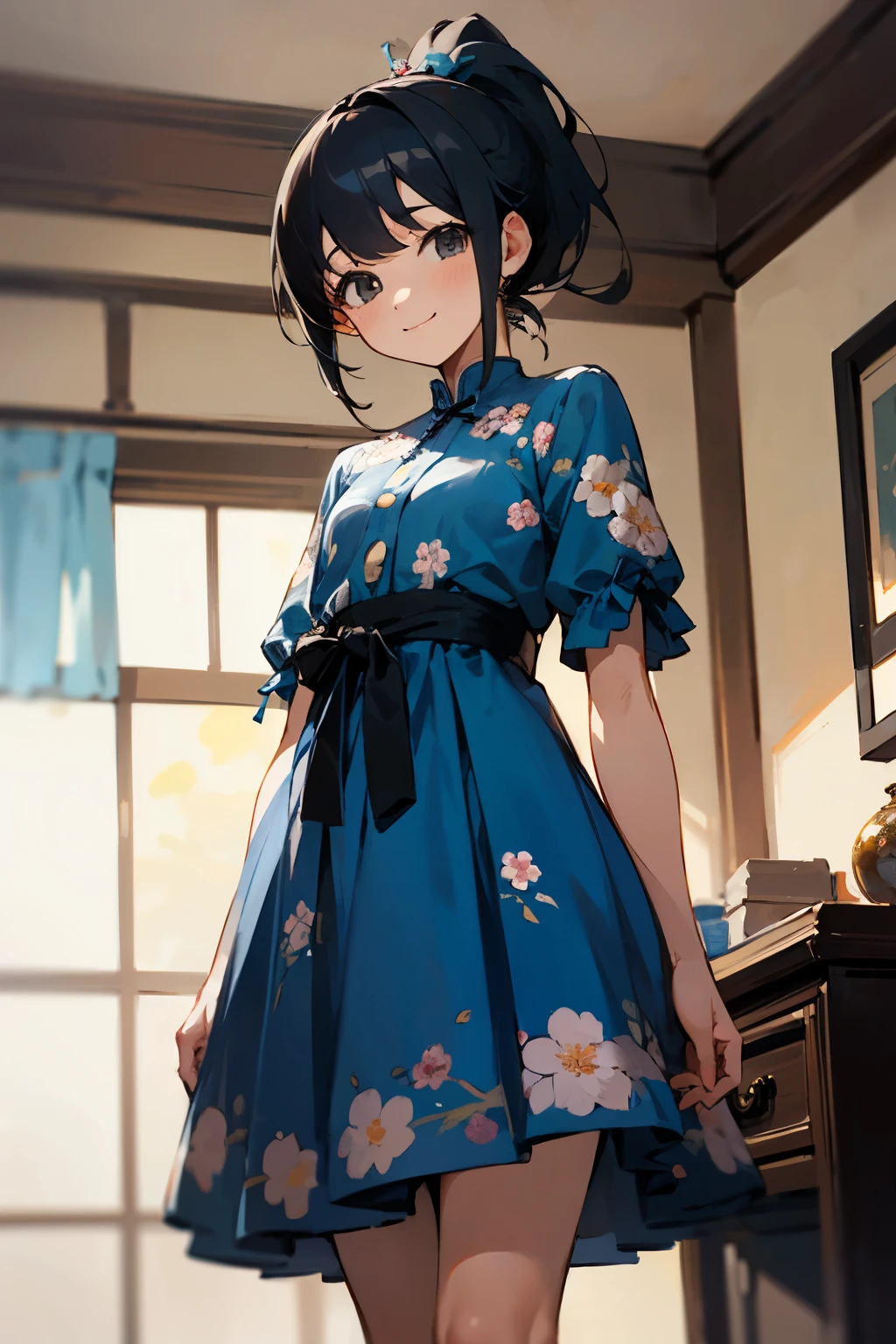 In the best quality、 girl standing in a room。In high resolution、Beautiful details、Quiet atmosphere。Black hair ponytail、Cute Smile.。Wearing a cute floral blue dress。