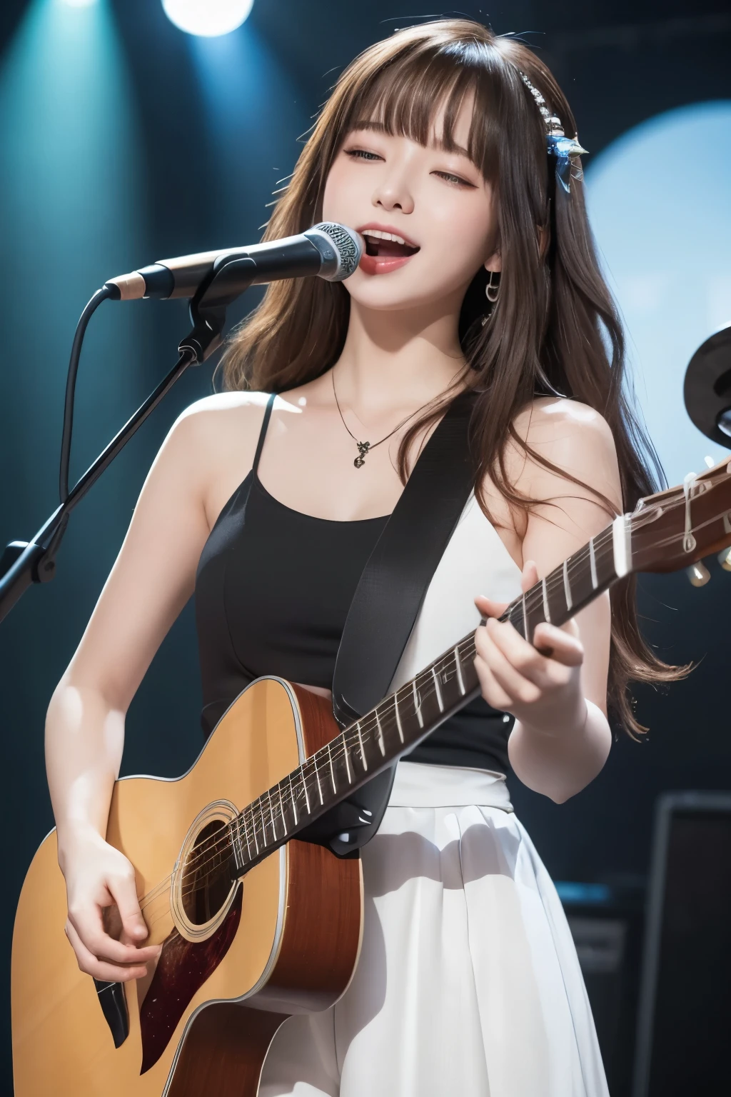 (RAW Shot: 1.5, Photorealistic: 1.5, 8k, Top Quality, Masterpiece, Ultra High Resolution), , Detailed Skin and Face Texture: 1.3, A girl in a dreamlike state, playing the guitar with passion. She has long, vibrant hair cascading down her shoulders, dressed in ethereal white. She's the heart and soul of a rock band, belting out a song with fervor. Musical notes swirl around her, creating a magical atmosphere. This is a high-quality illustration, capturing a beautifully vivid and colorful moment.