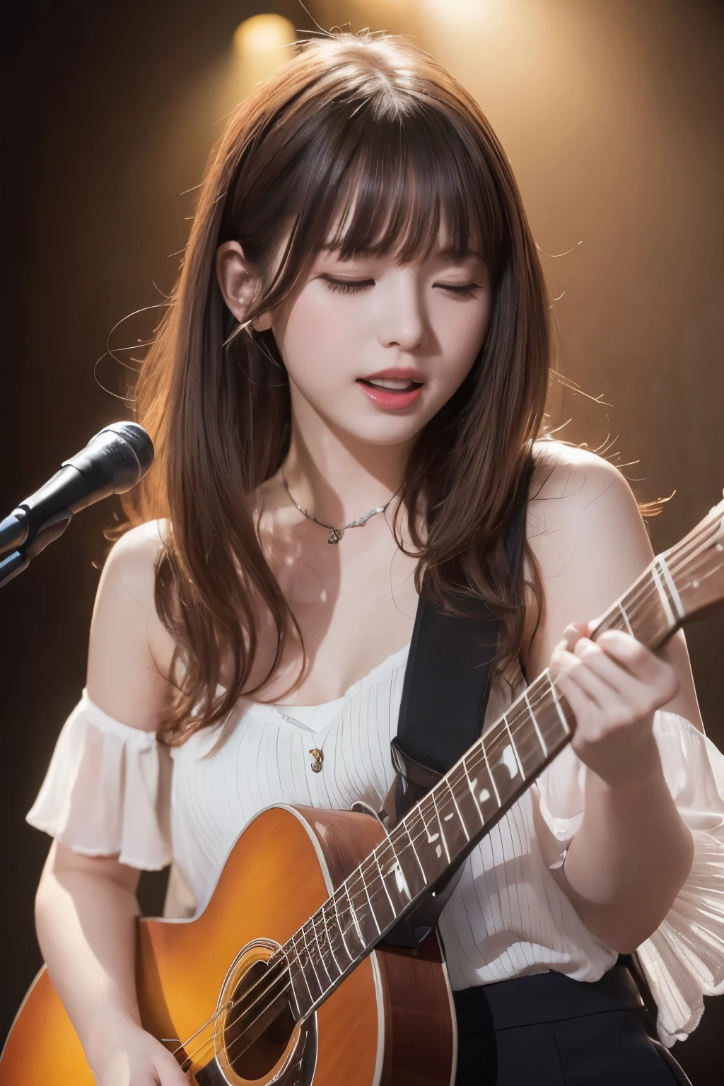 (RAW Shot: 1.5, Photorealistic: 1.5, 8k, Top Quality, Masterpiece, Ultra High Resolution), , Detailed Skin and Face Texture: 1.3, A girl in a dreamlike state, playing the guitar with passion. She has long, vibrant hair cascading down her shoulders, dressed in ethereal white. She's the heart and soul of a rock band, belting out a song with fervor. Musical notes swirl around her, creating a magical atmosphere. This is a high-quality illustration, capturing a beautifully vivid and colorful moment.