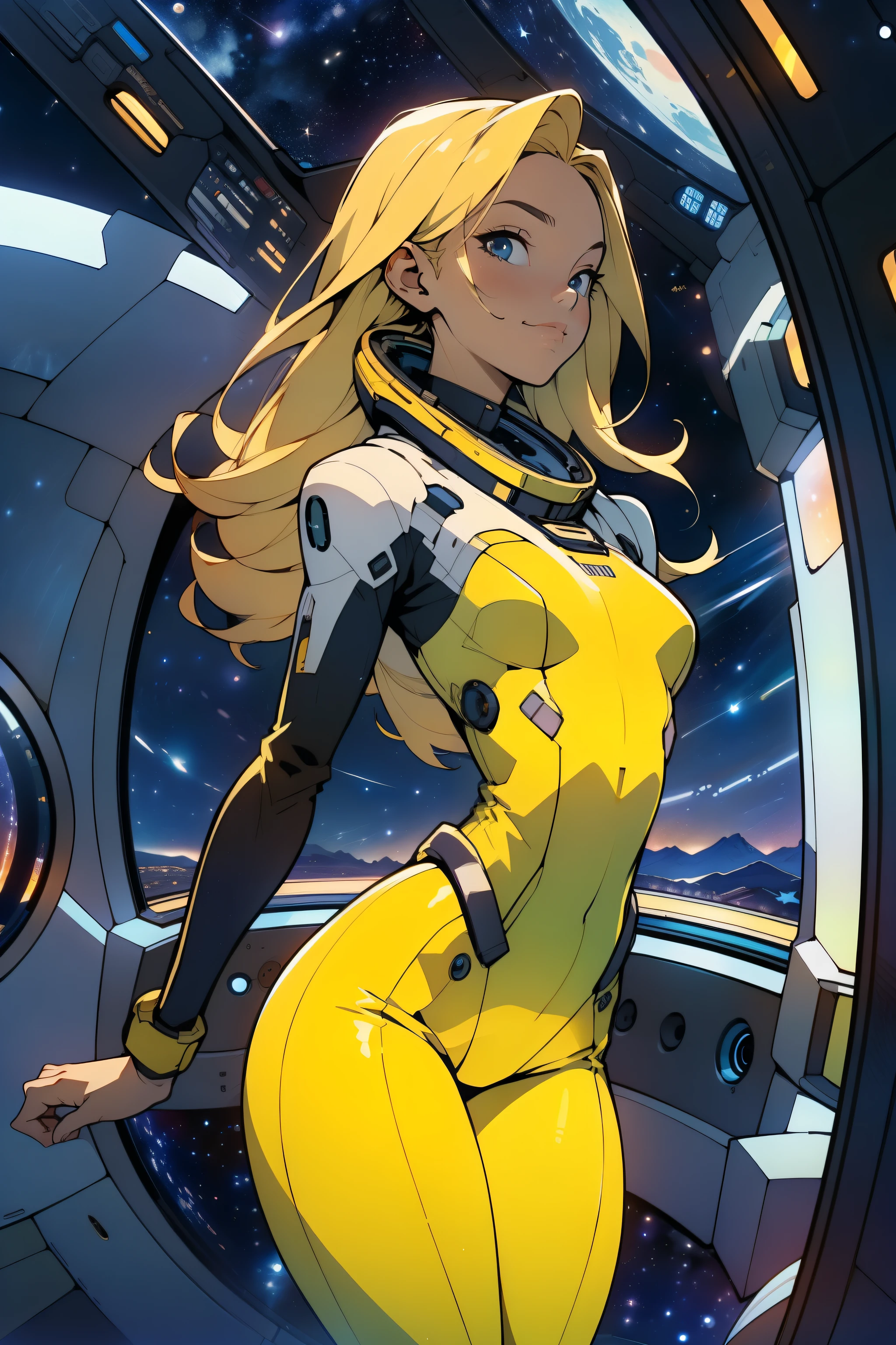 (masterpiece, best quality:1.2), (cowboy shot:1.1), solo, 1girl, mori yuki, slight smile, closed mouth, nearly frontal view, looking at viewer, blonde hair, long hair, thigh gap, yellow bodysuit, skin-tight, perfect body, large window, (starship porthole:1.3), (spread legs:1.0), (standing:1.1), thigh gap, sensual pose, sideview, perfect hands, bright starship interior, (outer space view:1.1), (orbital view:1.3), (night, stary sky:1.5), milky way