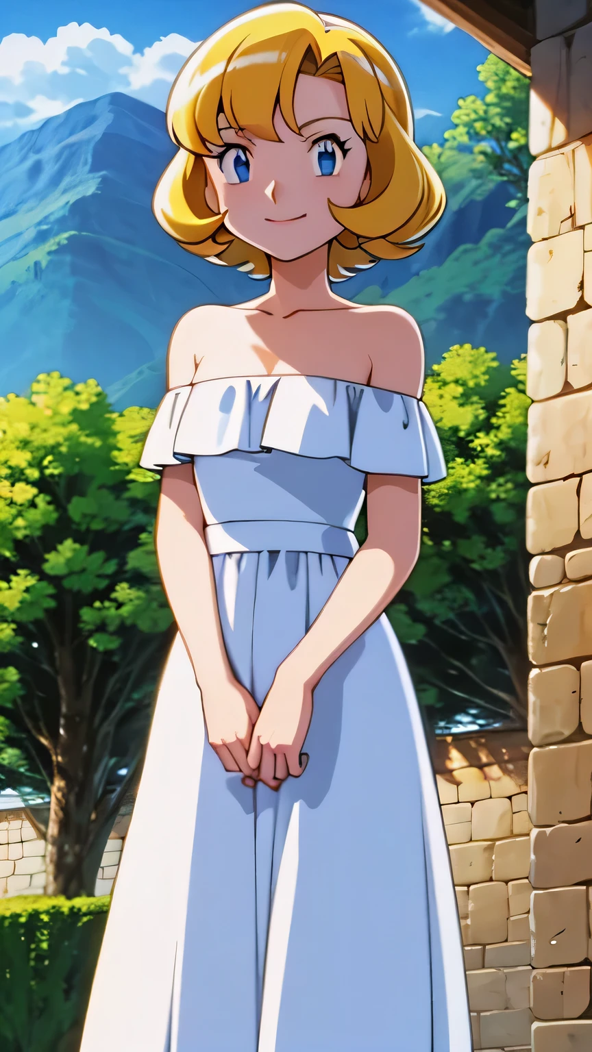 pokemovies, sugimori ken, ken sugimori ken \(style\), anime screencap, masterpiece, best quality, highres, outdoors, small breasts, 1 girl, Solo, Blue Eyes, Beautiful Detail Eyes, Blonde Medium Hair, Short Hair, Bangs, Good hands are down, Smile, Blushing, Bare Neck, Bare Shoulders, strapless, White Ruffle Off-the-Shoulder maxi dress. Standing up. Cowboy shot. A landscape of blue skies, a mountain, a mansion, an garden maze