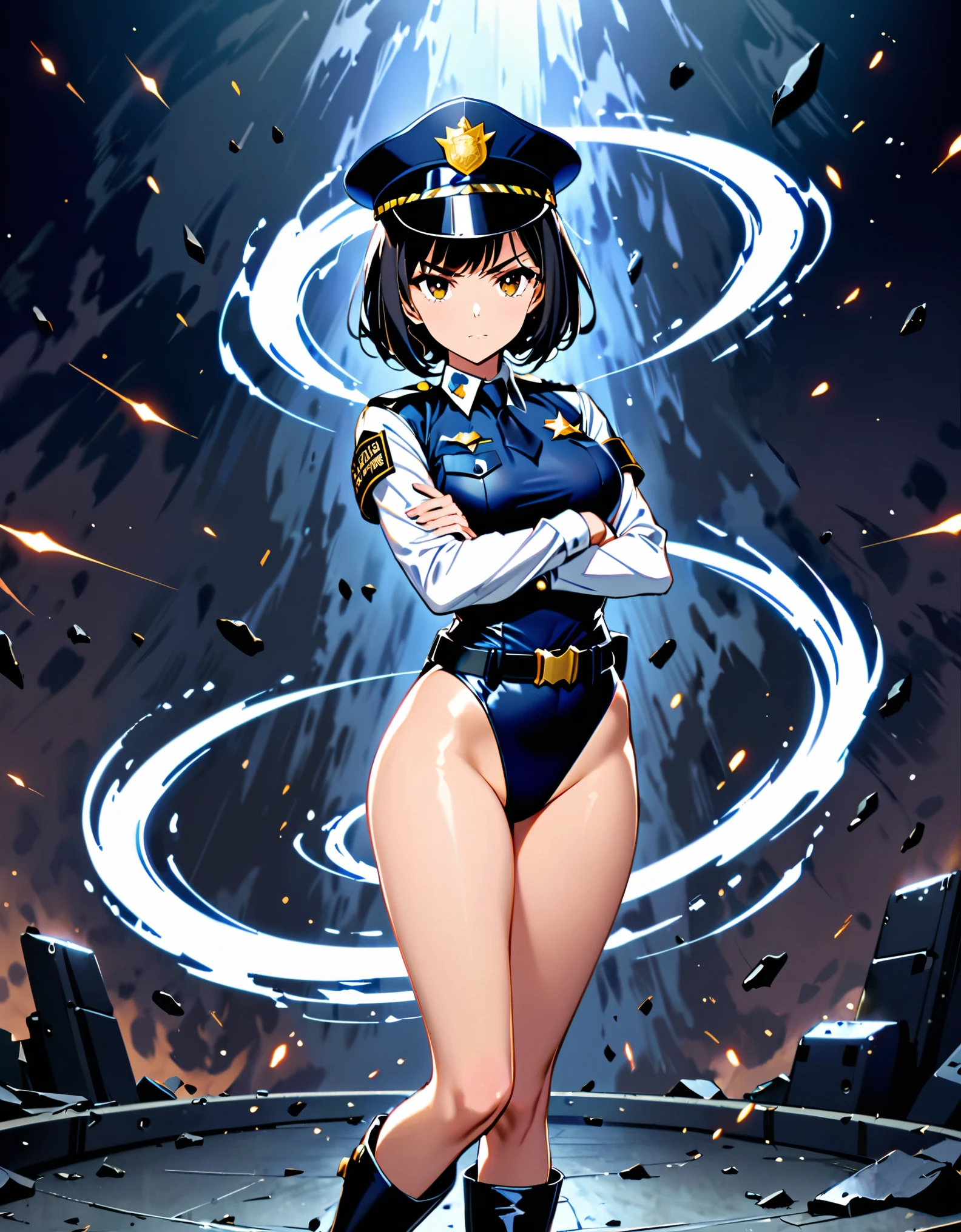 (masterpiece), (best quality), (high res),1girl, tall body, ((short hair, bob hair, jet black hair)), (hazel eyes) beautiful detailed eyes, beautiful detailed face, cute face, perfect hands, complete fingers, perfect anatomy, perfect proportions, ((hat, black police hat)), ((leotard, matching leotard, bare legs)), ((boots, matching boots)), breasts, medium breasts, fingerless gloves, (full body portrait), looking at viewer, solo, solo focus, police uniform, cowboy shot, (belt, tight belt), (armbands, white sleeves), serious, crossed arms, full body costume design. ahoge, she spins at an incredible speed, creating a whirlwind of air around her, spins fast in place like a tornado.