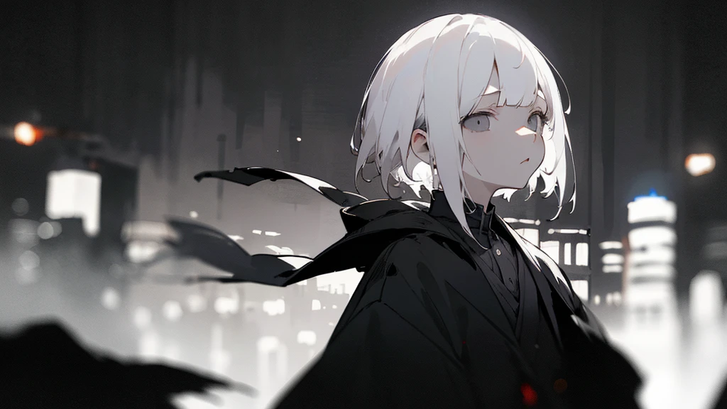 (masterpiece、highest quality)、Short nape hair、1 girl with very short white hair、Black cardigan、Grim expression、Grey Eyes、Warm lighting、 Blurred foreground、Deep in the night、High Contrast、night、In the city,it's snowing,Heavy snowfall,winter,Alone in the vast snowy field,whole body,curse,Facing forward,Huge construction,Perished world