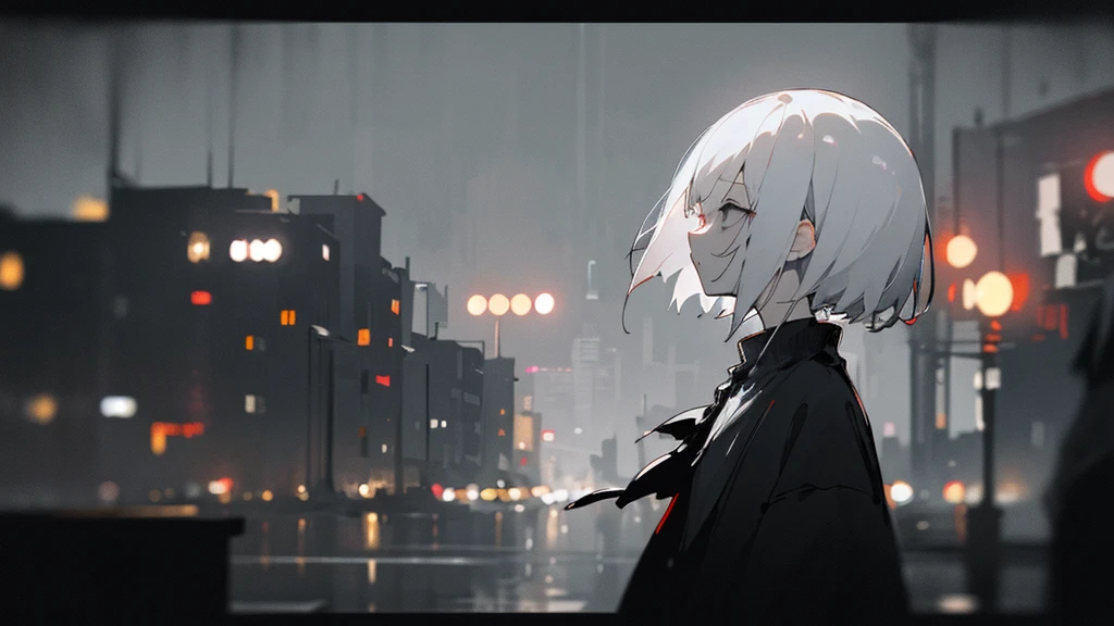 (masterpiece、highest quality)、Short nape hair、1 girl with very short white hair、Black cardigan、Grim expression、Grey Eyes、Warm lighting、 Blurred foreground、Deep in the night、High Contrast、night、In the city,it's snowing,Heavy snowfall,winter,Alone in the vast snowy field,whole body,curse,Facing forward,Huge construction,Perished world