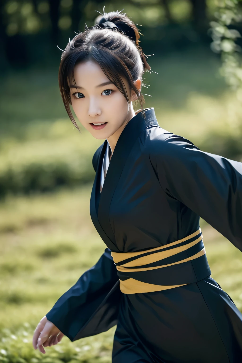 skinny Japanese woman in black Ninja kimono costume running to escape in the dark forest, beautiful face, ((detailed face, detailed eyes)), high quality, high resolution, hyperrealistic photo, a photo capturing a fighting moment, award-winning, masterpiece