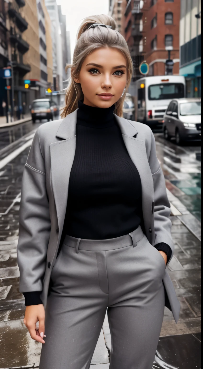 Foto hiperrealista en primer plano de Emily Sears, masterpiece, best quality, (photorealistic:1.4), full body,  (gray long fall coat), (black turtle neck sweater:1.1), (gray wide sweatepants:1.2), New York street, cloudy rainy day, puddles on the street, cinematic light, beautiful woman, skinny, large big breasts, ponytail blond hair, detailed face, smile, facing the camera, photo taken from a distance, age of 20 years old,