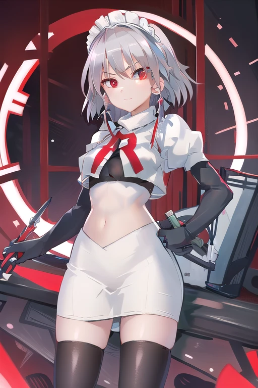 masterpiece, best quality, highres, 1girl, solo, sakuya1, izayoi sakuya, maid headdress, red eyes, grey hair, medium breasts, team rocket,team rocket uniform,white skirt,red letter R,crop top,black thigh-highs,black elbow gloves, holding knife