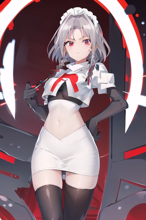 masterpiece, best quality, highres, 1girl, solo, sakuya1, izayoi sakuya, maid headdress, red eyes, grey hair, medium breasts, team rocket,team rocket uniform,white skirt,red letter R,crop top,black thigh-highs,black elbow gloves, holding knife