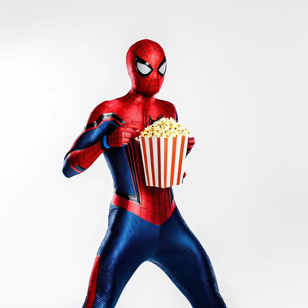 Create the image of Spider-Man with a very beautiful package of popcorn in your hand, the other hand on the waist, on an endless white backdrop, luz vibrante, advertising pose.