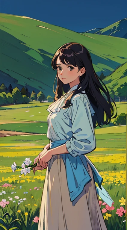 Painting of a woman standing on a hill with flowers in her hands, art by Édouard Bisson, krenzcushart, Opa jeremy lipkin, inspirado em Pierre Auguste Cot, Opa painting style, moebius + Roish + Opa, por Aleksander Gine, Marcos Ariane, inspirado em Cynthia Sheppard