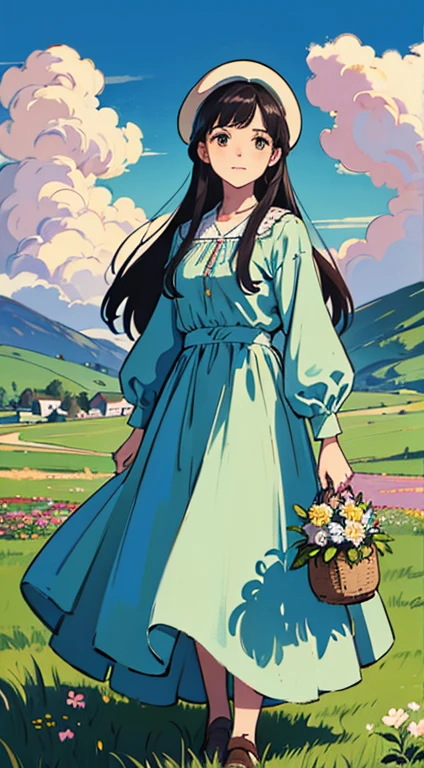 Painting of a woman standing on a hill with flowers in her hands, art by Édouard Bisson, krenzcushart, Opa jeremy lipkin, inspirado em Pierre Auguste Cot, Opa painting style, moebius + Roish + Opa, por Aleksander Gine, Marcos Ariane, inspirado em Cynthia Sheppard