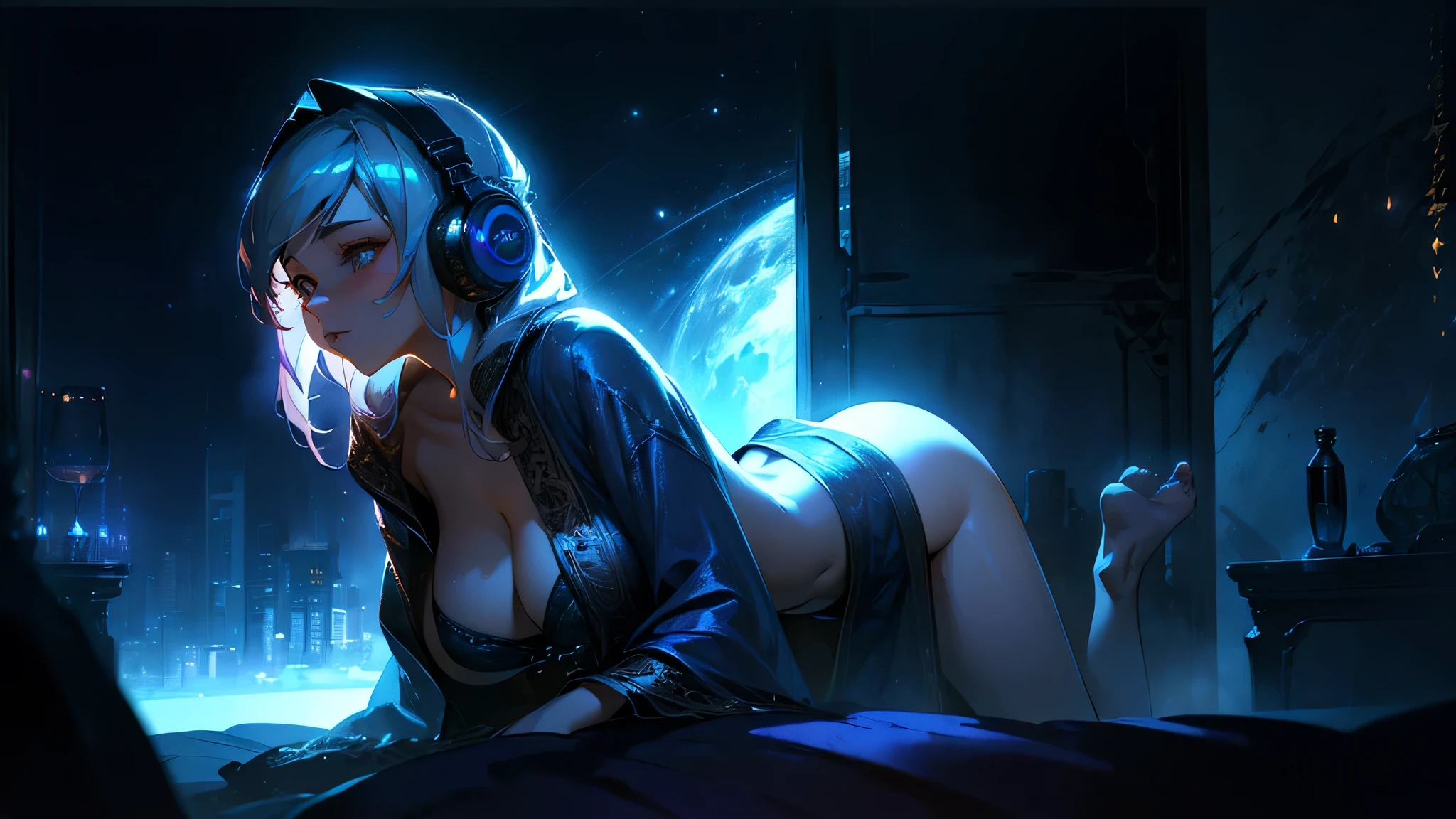A woman wearing a bathrobe and headphones is lying on the bed、A beautiful night view behind、、sexy、Room w a night view、Moonlight、Unbuttoned、Beautiful woman looking back、Butt、Beautifultocks、Downlighton、Stylish room with fireplace、Silver Hair、On all fours