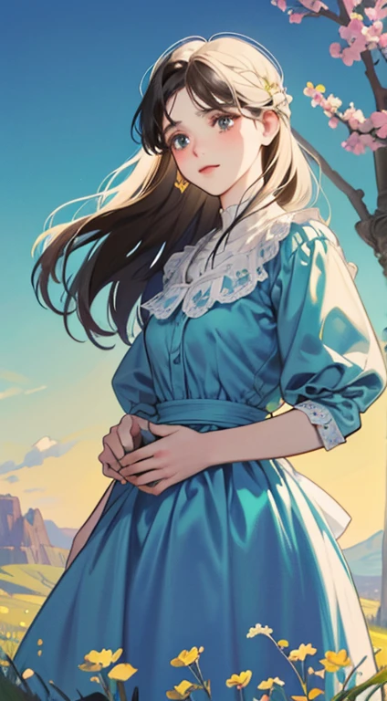 Painting of a woman standing on a hill with flowers in her hands, art by Édouard Bisson, krenzcushart, Opa jeremy lipkin, inspirado em Pierre Auguste Cot, Opa painting style, moebius + Roish + Opa, por Aleksander Gine, Marcos Ariane, inspirado em Cynthia Sheppard