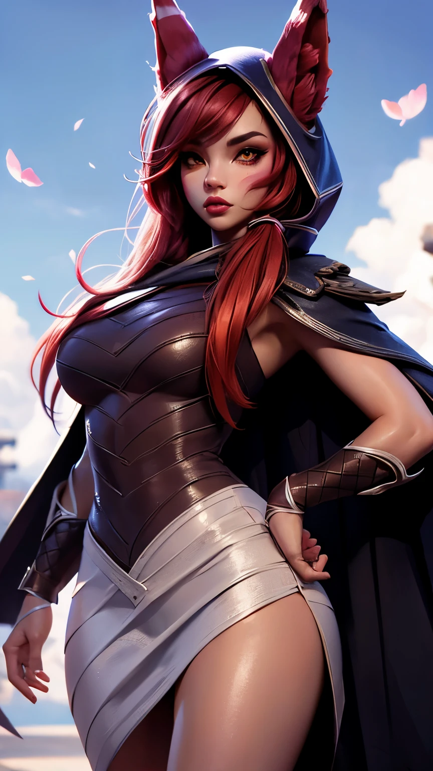 (ultra realistic,32k,RAW photo:1.1), (league of legends), ((white wedding dress with skirt)), ((beautiful Face)), ((bandaged legs)),(high detailed skin:1.1), 8k uhd, dslr, ((black background)), ((looking at the viewer)), high quality, ((Animal ears)), ((orange eyes)), film grain, ((Xayah hoodie)), ((Xayah cape)), shiny skin, ((sexy face)), (makeup, mascara:1.1) , lips,(thick\lips\), (shiny glossy translucent clothing:1.1), Xayah, ((breast:0.35)), ((upper body photo)), standing, sexy pose,