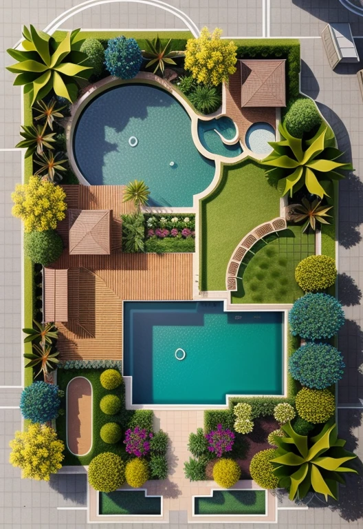 a drawing of a garden with a pond and a house, with a fishpond and courtyard, colorful architectural drawing, architectural illustration, complex and detailed, very detailed design, aerial illustration, detailed digital illustration, 2 d axonometric overhead view, high detail illustration, aerial perspective, residential design, really detailed, detailed design, impossibly detailed, insanly detailed