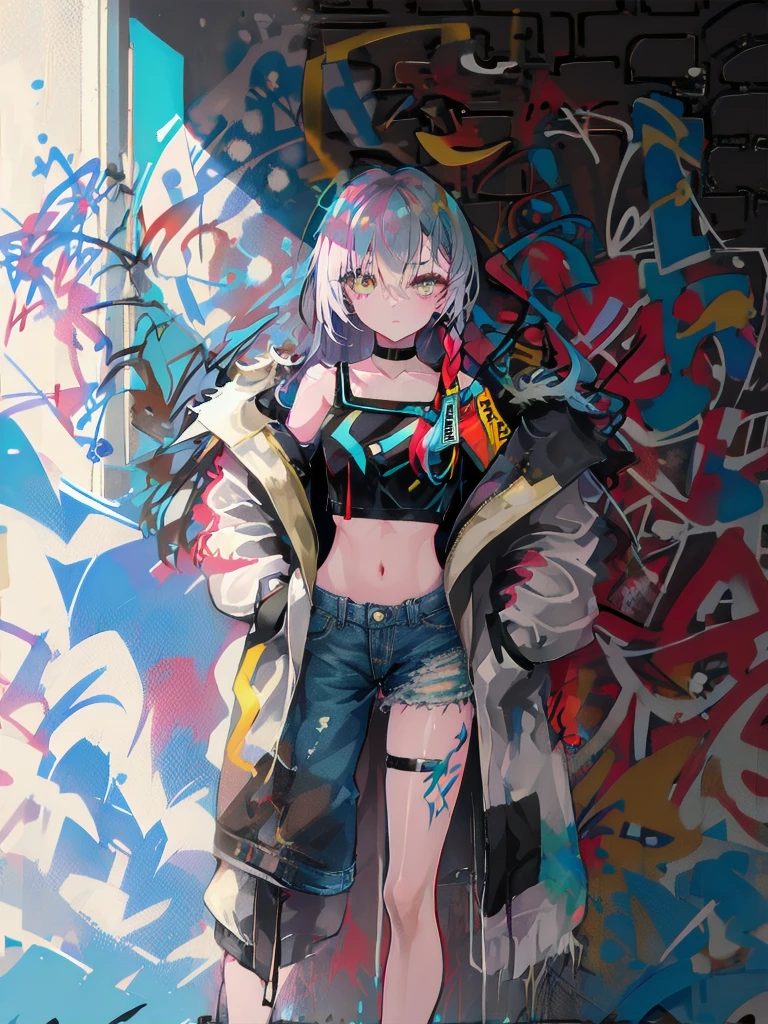 (best quality,1 woman,alone),(striped hair:white),(crop top:white),(sukajan coat),(dark denim shorts),(choker),(graffiti:1.25),(splash of color),(nonsense),(lean back),(leaning against the wall),(tilt to the side:0.125),(watch the audience),(armband),(thigh strap),(paint on body),(eyes aimed upwards),(heading down),(tilt your head),(from the side:0.9),(expressionless:0.75),(hand into pocket)