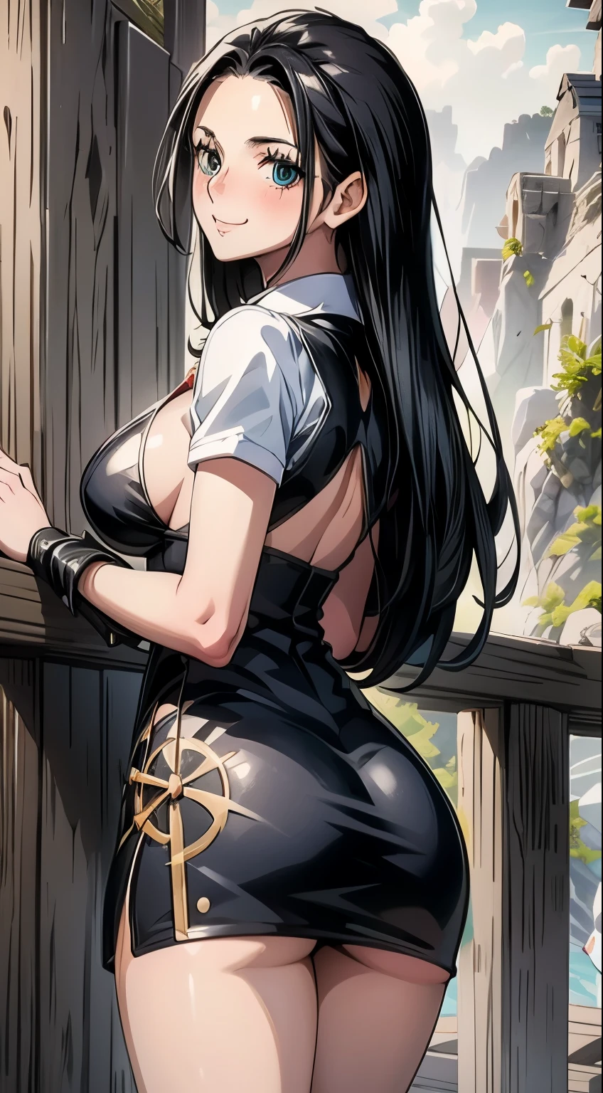 1girl, solo, Nico robin, black hair, white and black dress, looking back at viewer, blushing