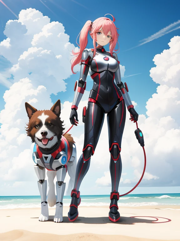 A woman who becomes a hero robot and her pet dog who becomes a support robot,
 Cute and pretty,
 Full Body Shot,
 A pet dog combines with a woman&#39;s head to become a beautiful robot woman, Before after