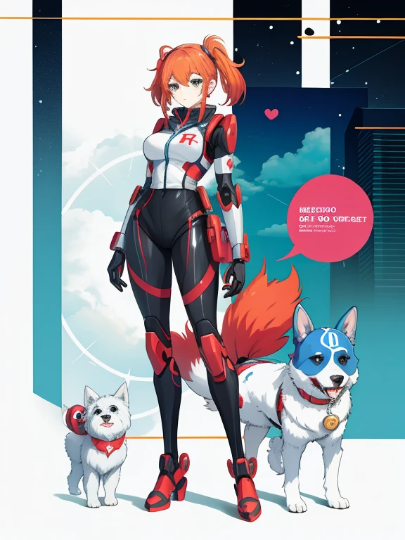 A woman who becomes a hero robot and her pet dog who becomes a support robot,
 Cute and pretty,
 Full Body Shot,
 A pet dog combines with a woman&#39;s head to become a beautiful robot woman, Before after