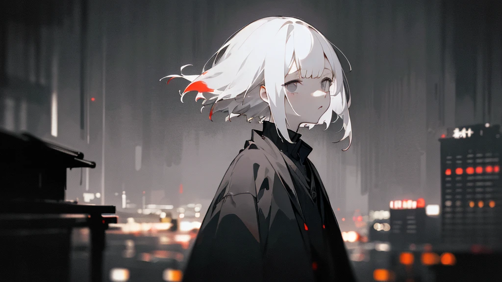 (masterpiece、highest quality)、Short nape hair、1 girl with very short white hair、Black cardigan、Grim expression、Grey Eyes、Warm lighting、 Blurred foreground、Deep in the night、High Contrast、night、In the city,it&#39;s snowing,Heavy snowfall,winter,Alone in the vast snowy field,whole body,Fighting the shadows