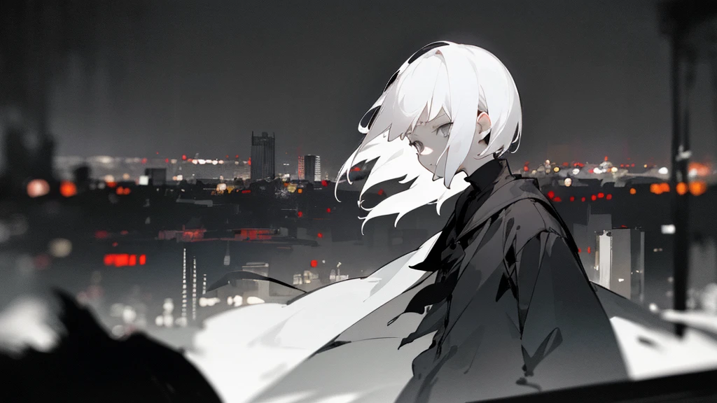 (masterpiece、highest quality)、Short nape hair、1 girl with very short white hair、Black cardigan、Grim expression、Grey Eyes、Warm lighting、 Blurred foreground、Deep in the night、High Contrast、night、In the city,it&#39;s snowing,Heavy snowfall,winter,Alone in the vast snowy field,whole body,Fighting the shadows