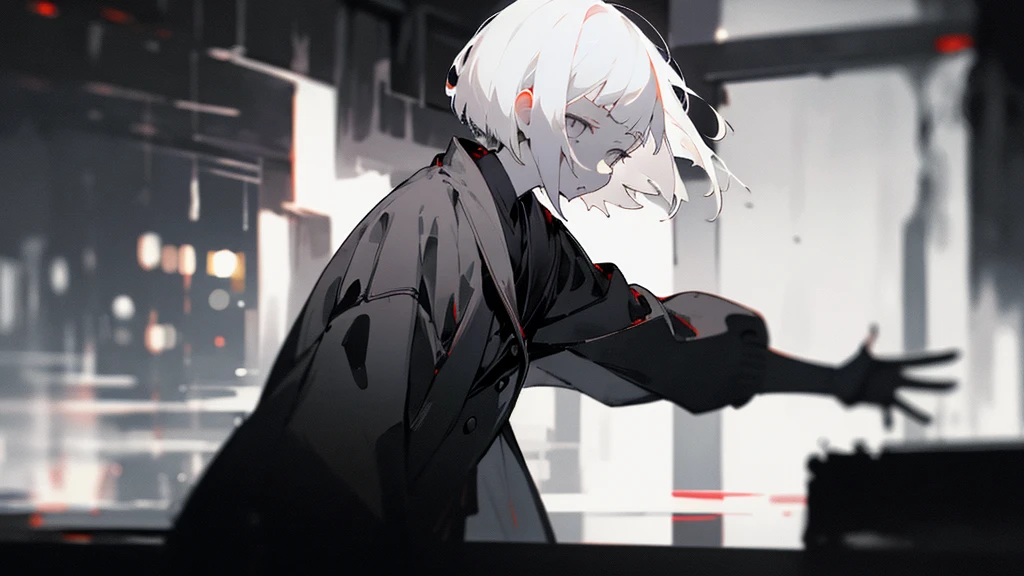 (masterpiece、highest quality)、Short nape hair、1 girl with very short white hair、Black cardigan、Grim expression、Grey Eyes、Warm lighting、 Blurred foreground、Deep in the night、High Contrast、night、In the city,it&#39;s snowing,Heavy snowfall,winter,Alone in the vast snowy field,whole body,Fighting the shadows