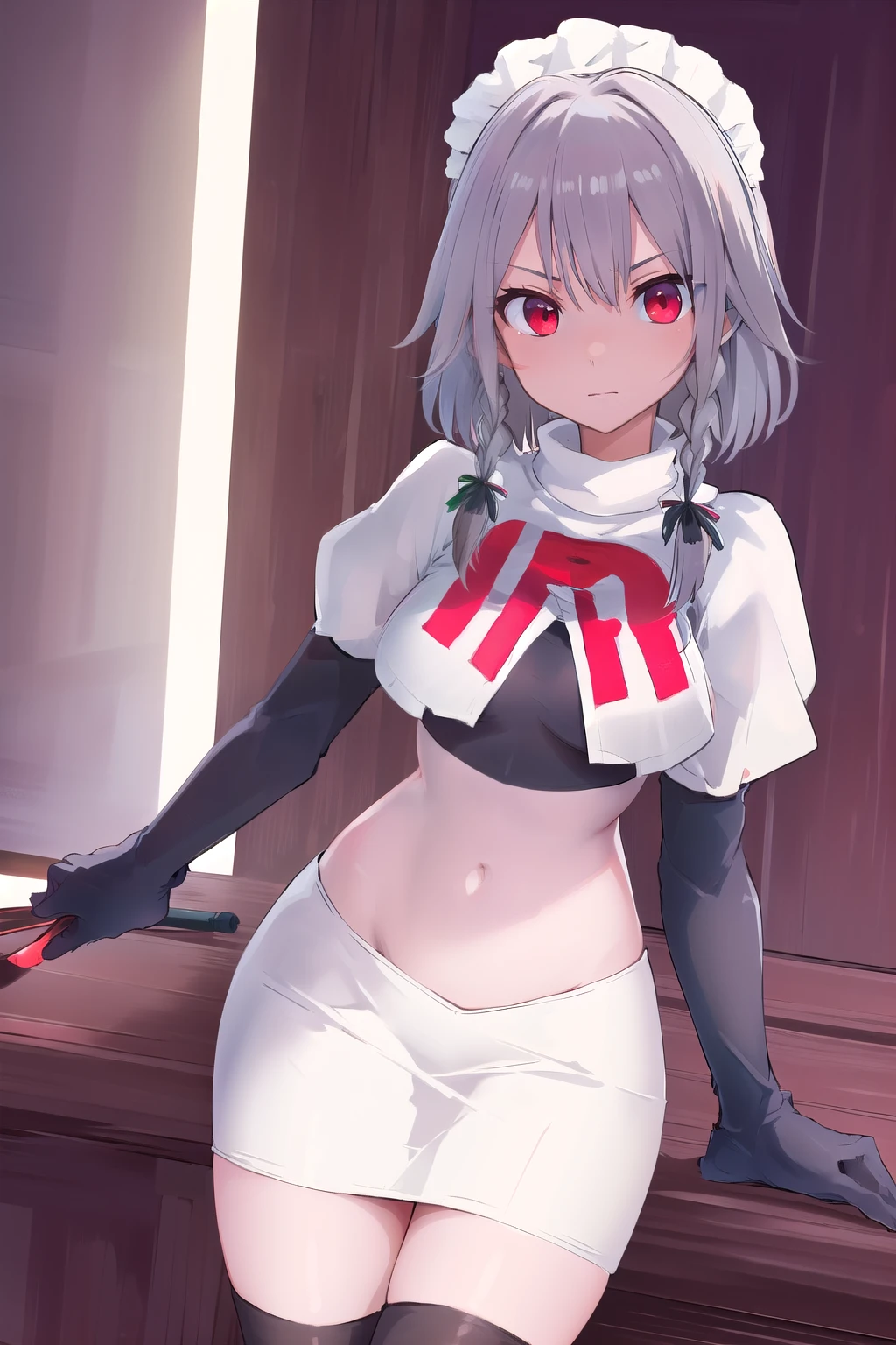 masterpiece, best quality, highres,  1girl, solo, sakuya1, izayoi sakuya, maid headdress, red eyes, grey hair, medium breasts, team rocket,team rocket uniform,white skirt,red letter R,crop top,black thigh-highs,black elbow gloves, holding knife